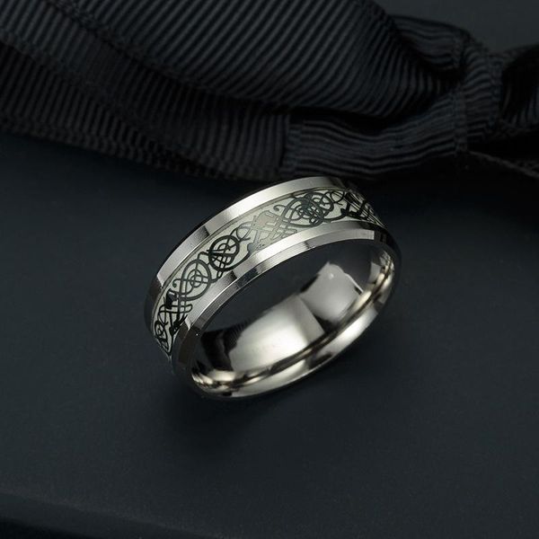 

wedding rings men fluorescent black carved design chinese dragons inlay titanium steel comfort fit swd889, Slivery;golden