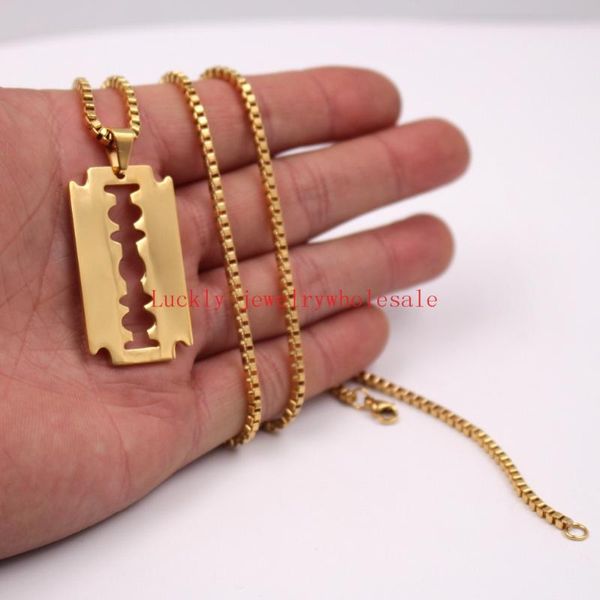 Colares pendentes de colar de lâmina de borda dupla de aço inoxidável dourado com jóias de barbeiro de corrente de 24 ''