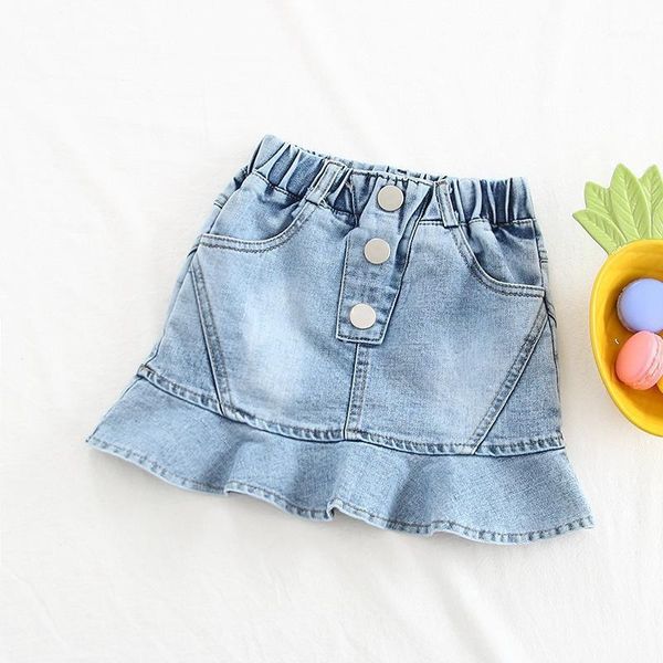 

skirts 2021 summer girls skirt in the children's solid color ruffled stitching denim princess, Blue