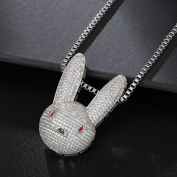 

hip hop iced out cz aaa bling bad bunny cubic zirconia necklaces & pendants for men jewelry with chain, Silver