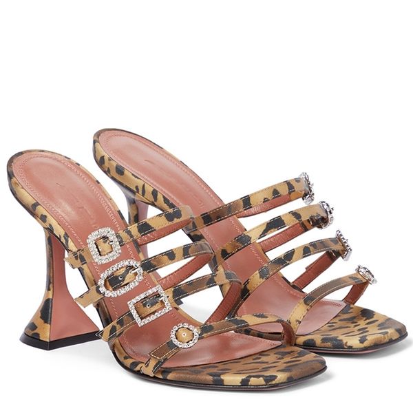 

2021 summer new fangtou leopard pattern high heel with thin ribbon glass and sandals sandal, Black