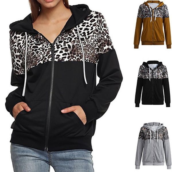 

women long sleeve hoodies zipper leopard printed casual hoodie sweatshirt autumn winter hooded coat plus size female hoodies, Black