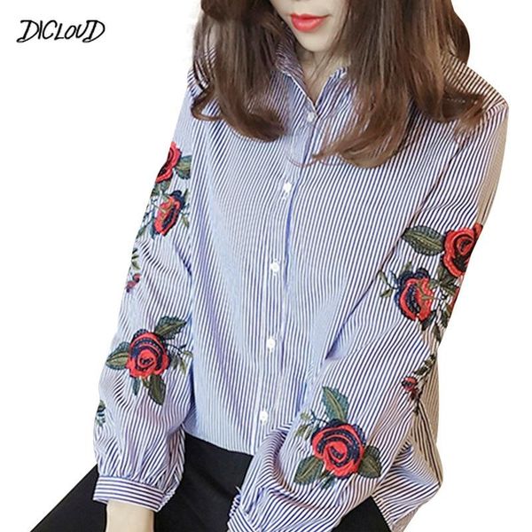 

women's embroidered blouses women long sleeve 2021 spring summer korean plus size blouse lapel loose striped s-4xl, White