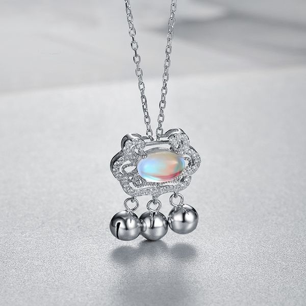 

korean s925 silver long life lock moonstone necklace for women's fashion, Black