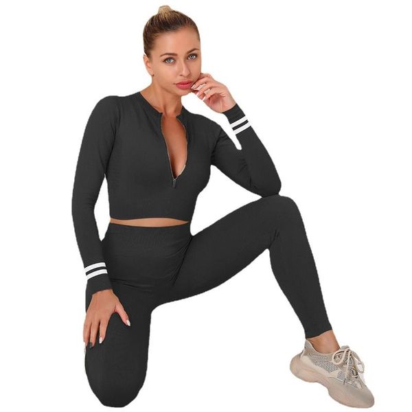 

women's two piece pants 2 tracksuit workout suits high waist leggings crop zipped jacket seamless textured sportswear sets, White