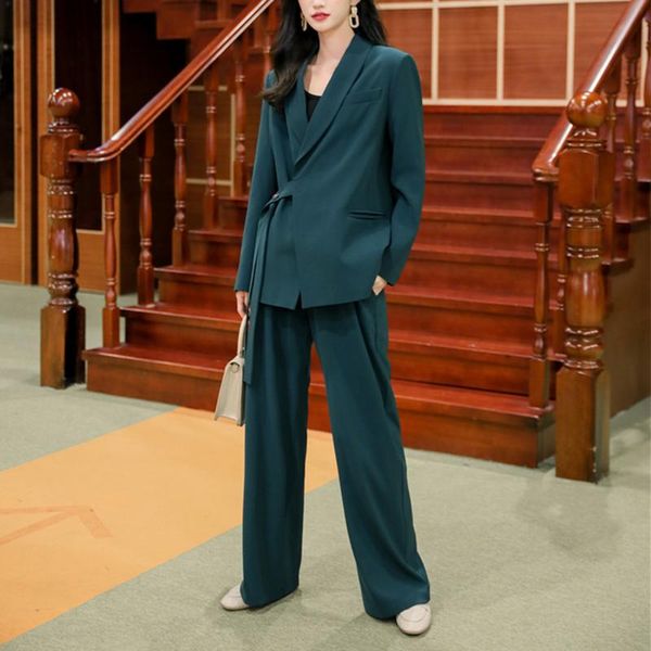 

women's two piece pants 2021 autumn vintage elegant woman 2 sets solid blazers wide leg female casual high waist lace up office lady su, White