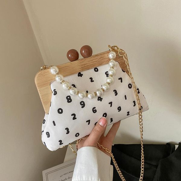 

evening bags fashion canvas women's crossbody wooden handle clip pearl handbag designer chain female shoulder bag purse