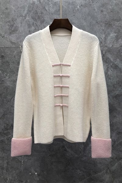 

hong kong style retro buckle wool sweater womens autumn european goods new temperament wild cardigan 9x, White