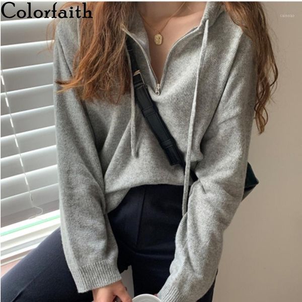 

colorfaith 2021 autumn winter women's sweaters warm pullovers hooded oversize minimalist knitted vintage ladies sw1865, White;black