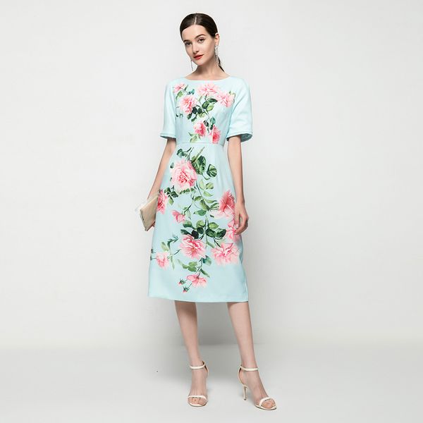 

fashion party short sleeve flower print midi dress 2021 spring summer new women's elegant vintage chic 4xkd, Black;gray