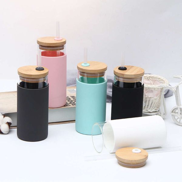 

550ml creative bamboo lid glass water tea tumblers glass bottle with silicone sleeve tea coffee drinking bottle with straw