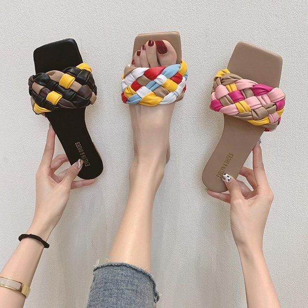 

slippers women sandals 2021 summer fashion weave comfortable casual outdoor beach designer luxury mixed colors female flat shoes, Black