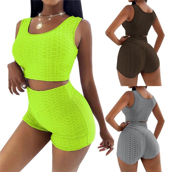 

women's tracksuits women 2pcs sports clothes set casual outfits solid color u-shaped collar sleeveless crop and short ladies biker set, Gray
