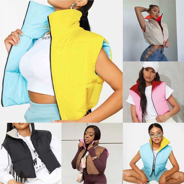 

bright color women reversible padded jacket cropped puffer vest quilted crop coat jackets double sided sleeveless outwear waistcoat sports c, White