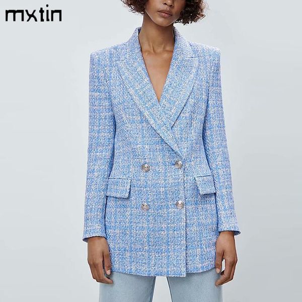 

women's suits & blazers 2021 vintage plaid double breasted tweed coat women elegant office ladies long sleeve female outerwear blaser, White;black