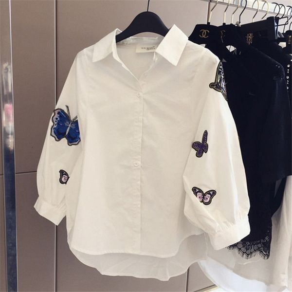 

2021 new white shirt women butterfly embroidery long sleeve plus size blouse and ladies button down shirts s9pr