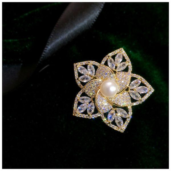 

brooches for women s925 natural freshwater pearls hollow cubic zirconia flower pin temperament brooch corsage fine jewelry, Gray