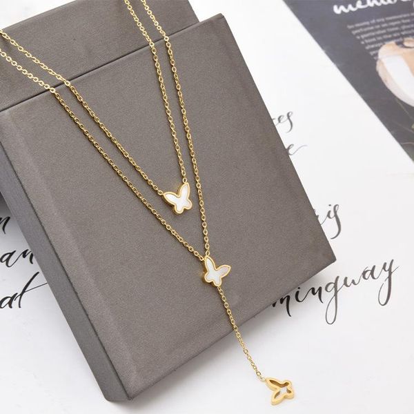 

pendant necklaces fashion stacking double layer tassel necklace stainless steel shell butterfly for women jewelry aesthetic, Silver