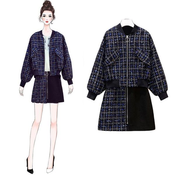 

2021 new women autumn winter chic tweed two piece set female long sleeve casual jacket coat +high waist zipper mini skirt suit n2058z9f, Black;gray