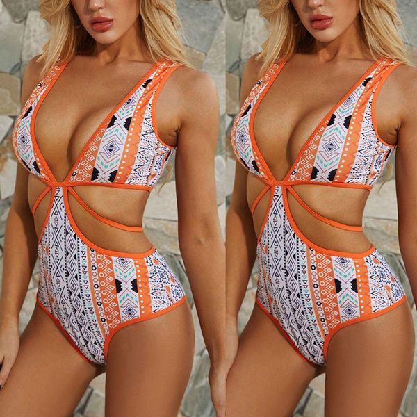 

women one piece bikini geometric print monokini hollow cross strap swimsuit