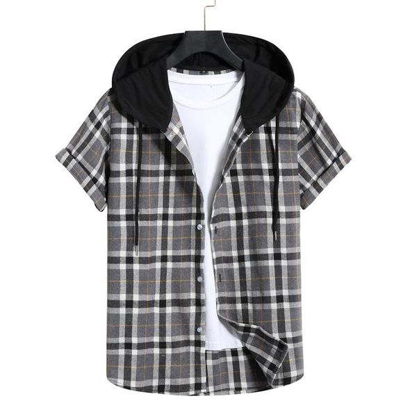 

men's casual shirts summer mens t-shirt fashion plaid shirt short-sleeved hooded sweater cotton black -40, White;black
