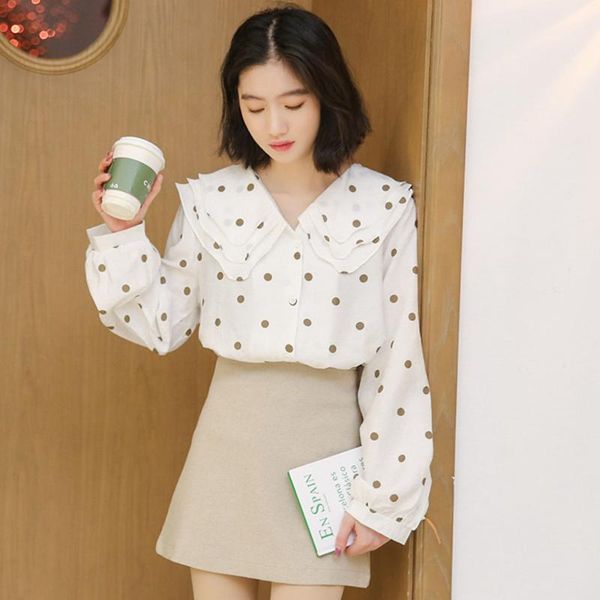 

women's blouses & shirts korean version japanese blouse spring summer fashion temperament loose casual chiffon wave point doll collar l, White