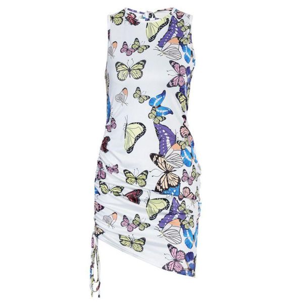 

casual dresses women sleeveless backless bandage butterfly print drawstring bodycon mini dress 2021, Black;gray