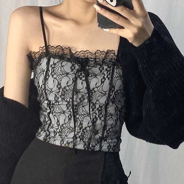 

missnight black floral lace ruffles tank s double layers sling bow gothic streetwear camis vintage 210607, White