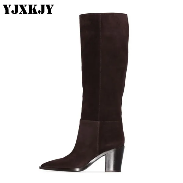 

boots yjxkjy big size full frosted cowhide leather winter knee high women 's warm thick heel straight knight ladies, Black