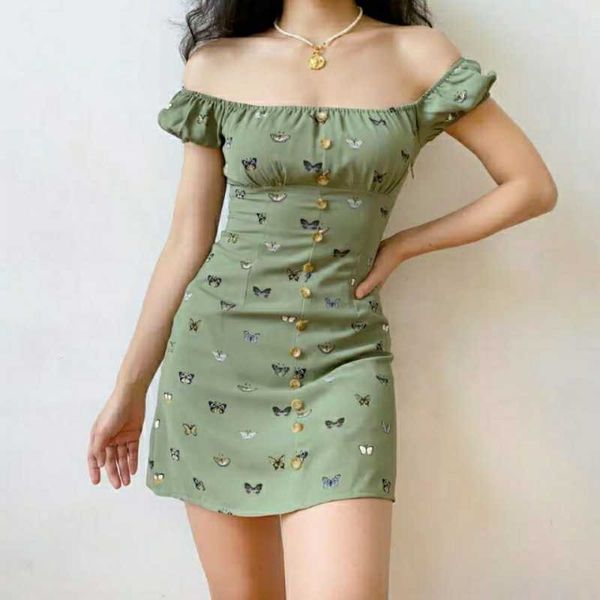 

floral print puff short sleeve women dress high split party mini es elegant lace up sweet summer club 210601, Black;gray