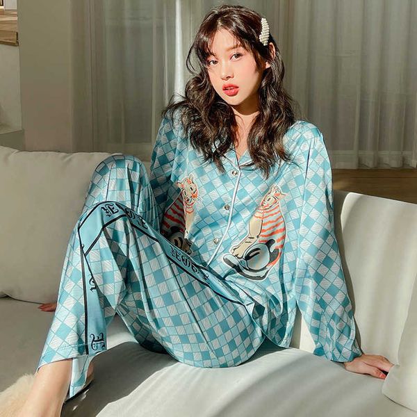 

yaoting satin women's pajamas spring and autumn thin long sleeve trousers household suit checkered tiger fashion suit 2243, Black;red