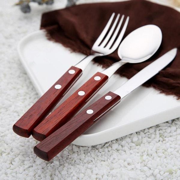 

100pcs wood handle dinnerware stainless steel party dinner spoon knife fruit fork cutlery round handle tableware f20214072