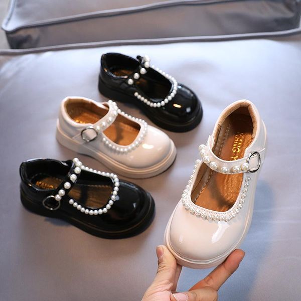 

flat shoes princess girls 2021 autumn children' single kids leisure pearl leather sweet chic for wedding, Black;grey