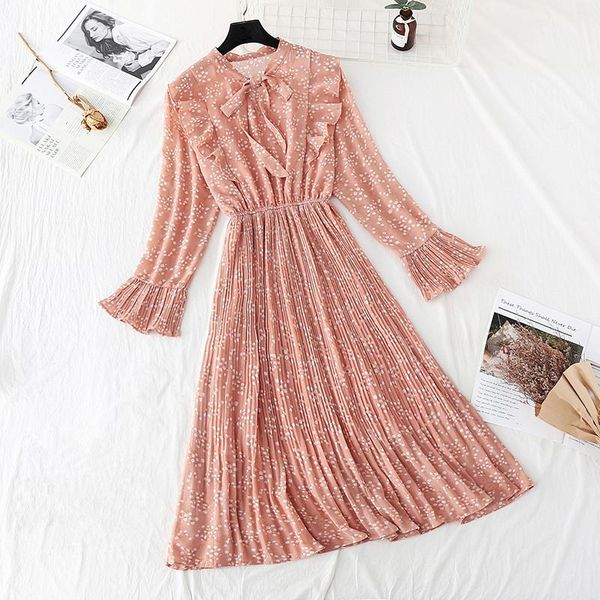 

casual dresses 2021 spring summer chiffon dress women fashion long sleeve print vintage pleated elegant vestidos d3527, Black;gray