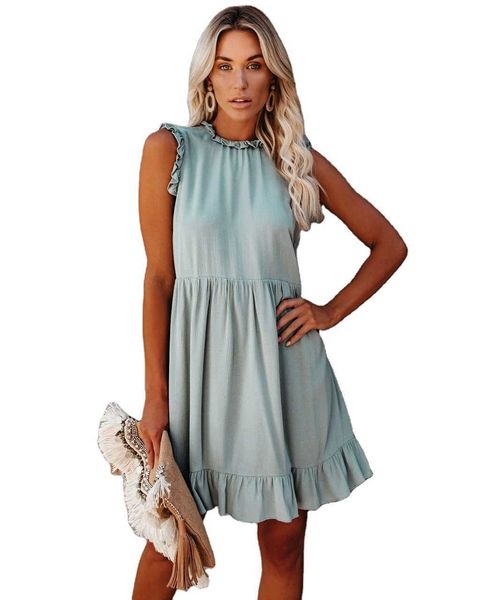 Yaz Elbise Kadınlar 2021 Kolsuz Sundresses Kadınlar Zarif Vintage Bayanlar Fırfır Plaj Mavi Mini Elbiseler Vestido De Mujer Y2K Y0603