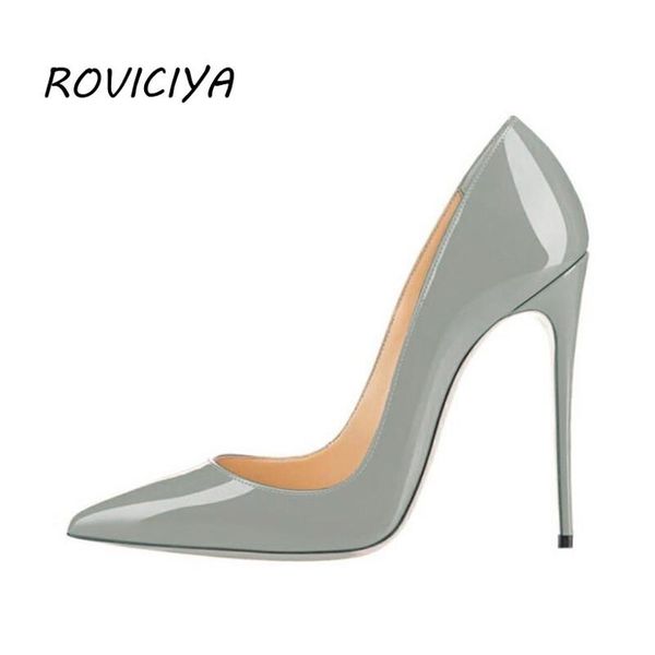 

dress shoes gray 12 cm women pumps patent leather pointed toe high heel stiletto party qp022 roviciya, Black