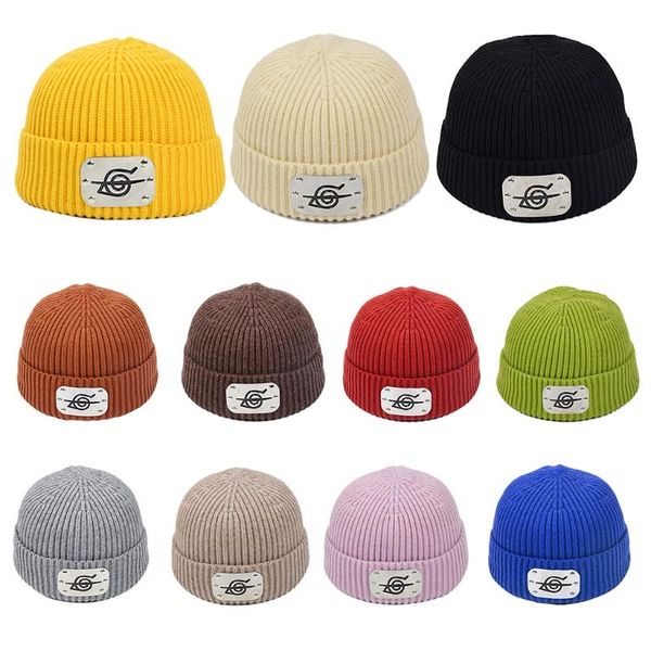 

beanies ribbed knit warm beanie hat japanese anime metal plate cuffed skull p9ja