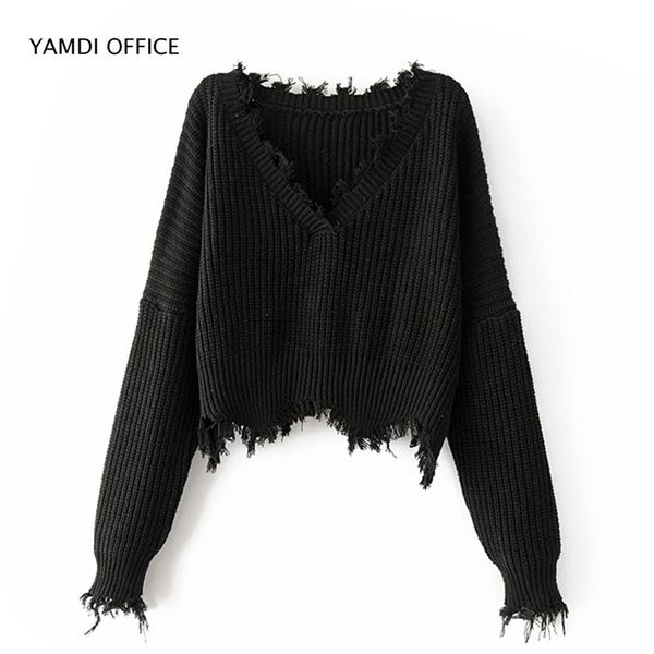 YAMDI Frauen Quaste Pullover Herbst Winter solide orange weiß schwarz Pullover abgeschnitten Pullover V-Ausschnitt sexy Strickpullover 210805