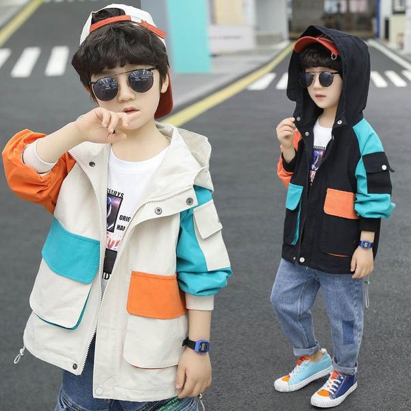 

2021 new korean child trench boy's spring clothing long sleeve big b word mixed colors coat wechat, Blue;gray