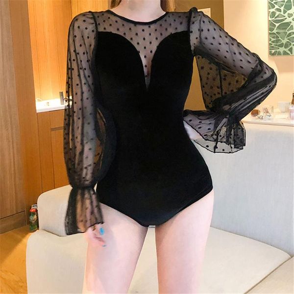

two-piece suits lace one piece swimsuit women solid swimwear long sleeve monokini velvet swim suit mesh pad bathing black open back