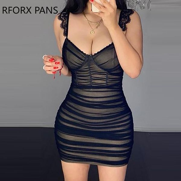 Mulheres Sólida Eyelash Lace Trim Sheer Malha Ruched Bodycon Dress Elegante Party Dress Y0118