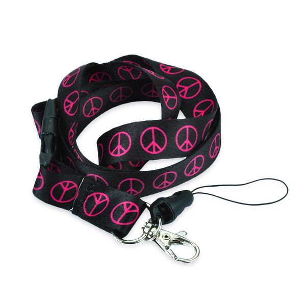 Whole 12pc/lot Pink Peace Black Keychain Necklace Polyester Mobile Lanyard ID Badge Holder Keys Hook