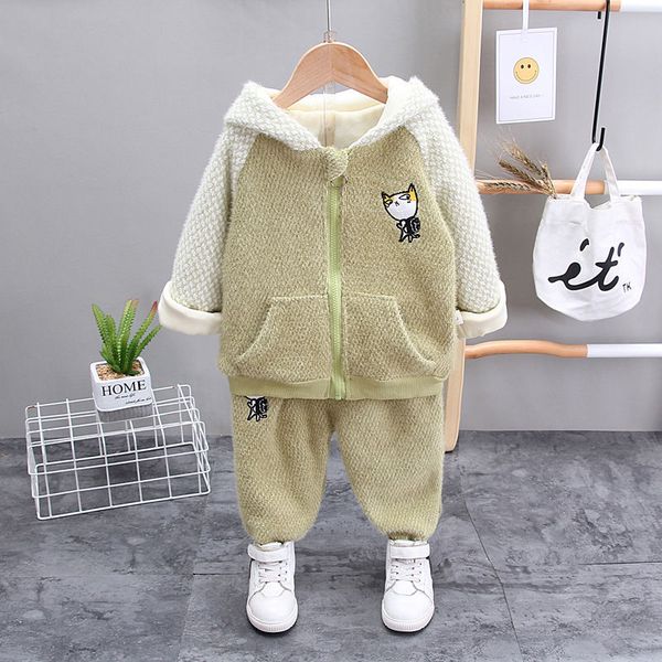 

children clothing sets autumn winter plus velvet thickening 2pcs suit hooded+pants infant outfit cute home clothes for girl boys, White