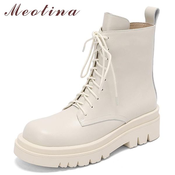 

boots meotina women genuine leather motorcycle wool fur thick med heel lady lace up zipper ankle autumn winter black
