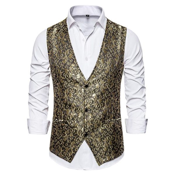 

men's vests mens gold paisley jacquard vest single breasted v-neck suit tuxedo waistcoat gothic aristocrat steampunk victorian gilet, Black;white