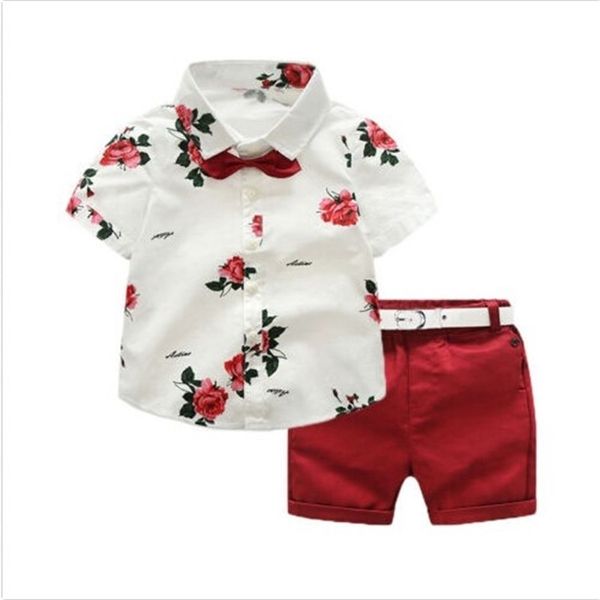 Brandneue Floral Baby Boy Gentleman Outfits Anzug Kurzarm Kleinkind Fliege Hemd Tops + Rote Shorts Sommer Set Kinder Kleidung 1-7T 210309