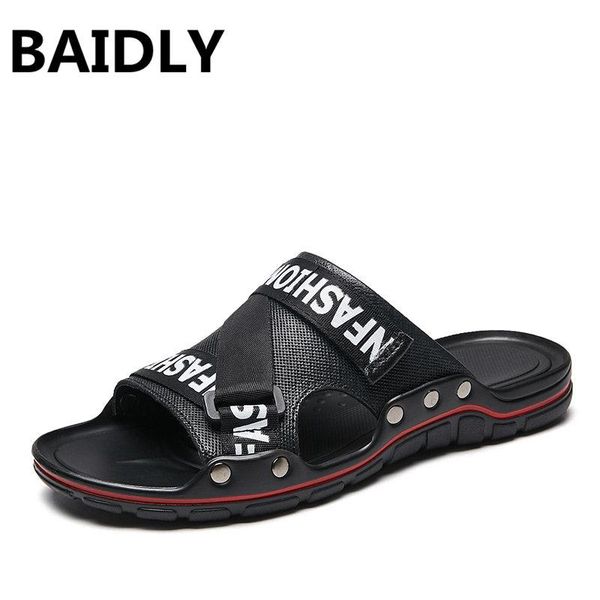 

slippers baidly summer men's genuine leather flip flops fashion men beach real shoes man sandalen heren, Black