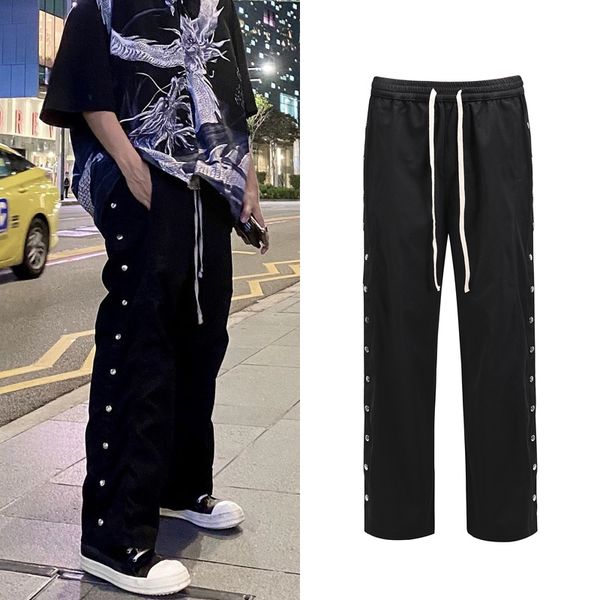 

2021 new high street drawstring casuais dos homens tamanho e boto lateral preto em linha reta baggy hip hop solto calas de pista 5tu2, Black