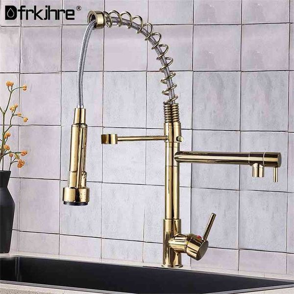 Светодиодный кухонный кран ORB Chrome Gold Finitpull вниз кран и холодильный смеситель, краны с одним ручкой Светодиодная пластина спрея 210719