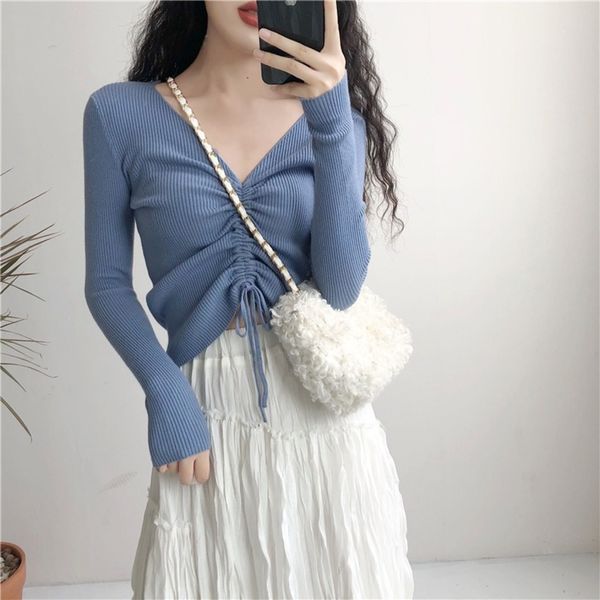 

women's v-neck and shoelace sweater, slotted long sve knitted plain weave, navel, autumn cut top, White;black